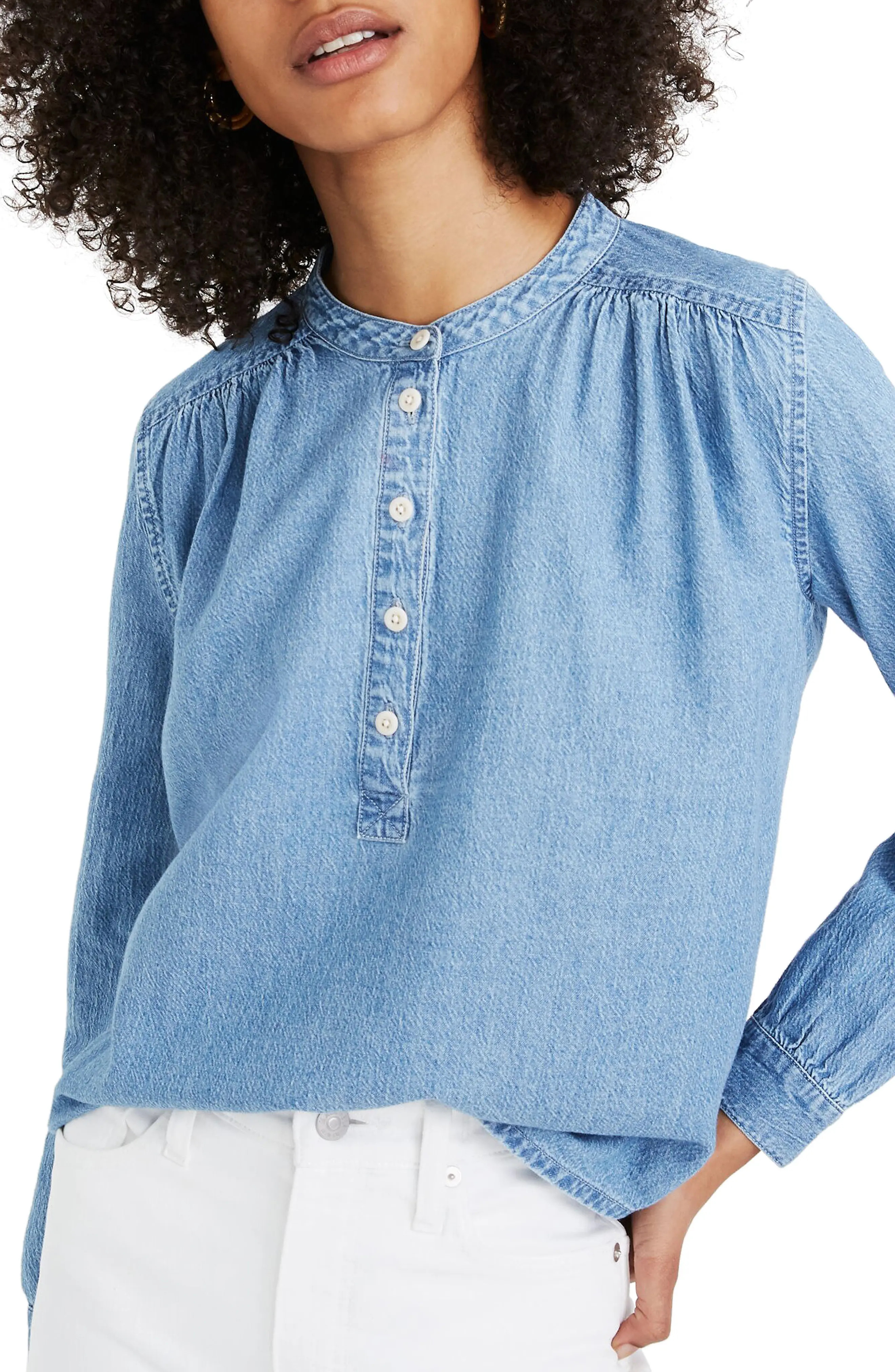 Women's Madewell Denim Shirred Popover Top, Size X-Small - Blue | Nordstrom