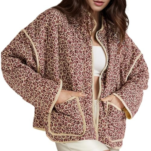 Wyeysyt Women's Cropped Quilted Jacket Floral Print Padded Puffer Jackets Lightweight Open Front Cardigan Coat Outwear(Red-M) | Amazon (US)