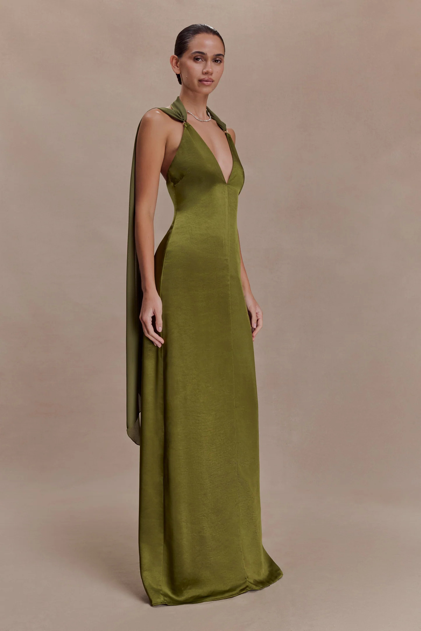 Myla Draped Shoulders Satin Maxi Dress - Khaki | Meshki UK