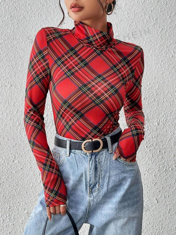 SHEIN Essnce Red And Black Top Women Red Plaid Snowflake Print Form-Fitting Long Sleeve Casual T-... | SHEIN