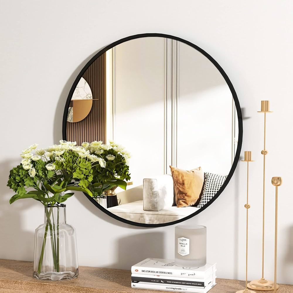HARRITPURE Round Mirror 30 Black Wall Mounted Circle Mirrors Vanity Mirror with Brushed Aluminum ... | Amazon (US)
