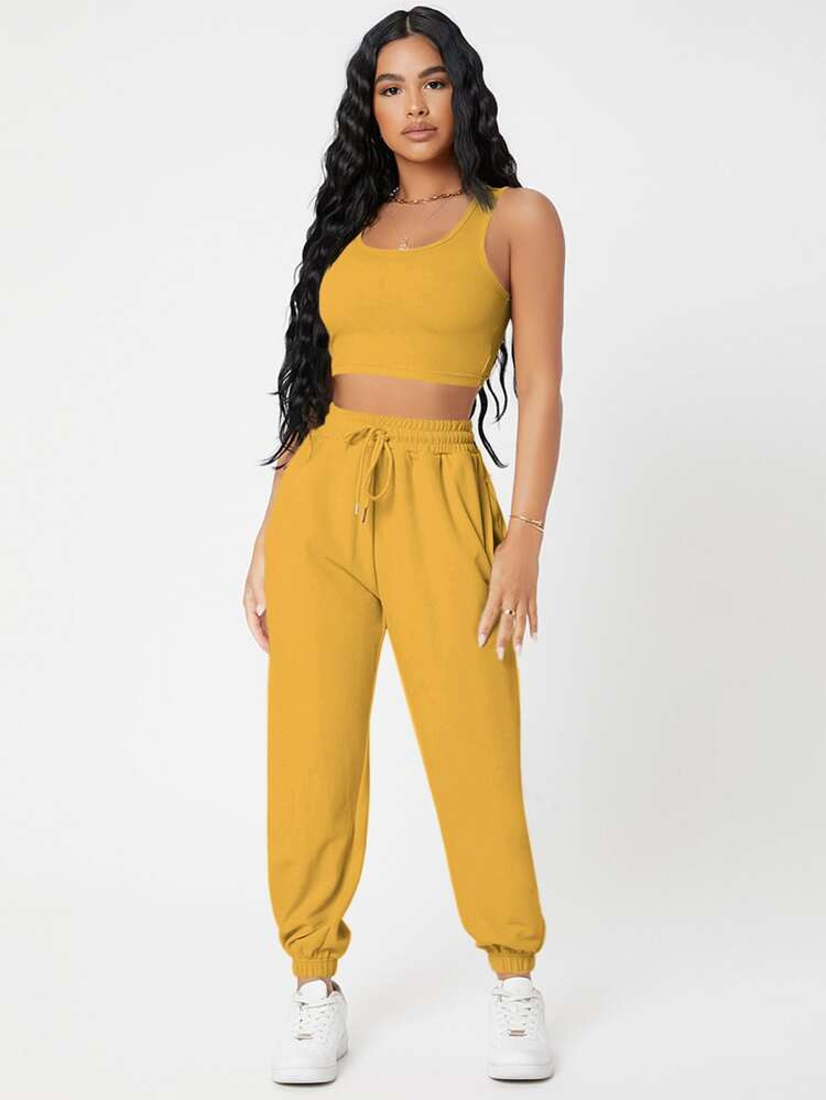 SHEIN PETITE Solid Crop Tank Top And Joggers Set | SHEIN