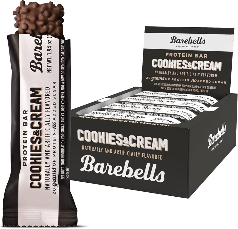 Barebells Protein Bars Cookies & Cream - 12 Count, 1.9oz Bars - Protein Snacks with 20g of High Protein - Chocolate Protein Bar with 1g of Total Sugars - On The Go Protein Snack & Breakfast Bars | Amazon (US)