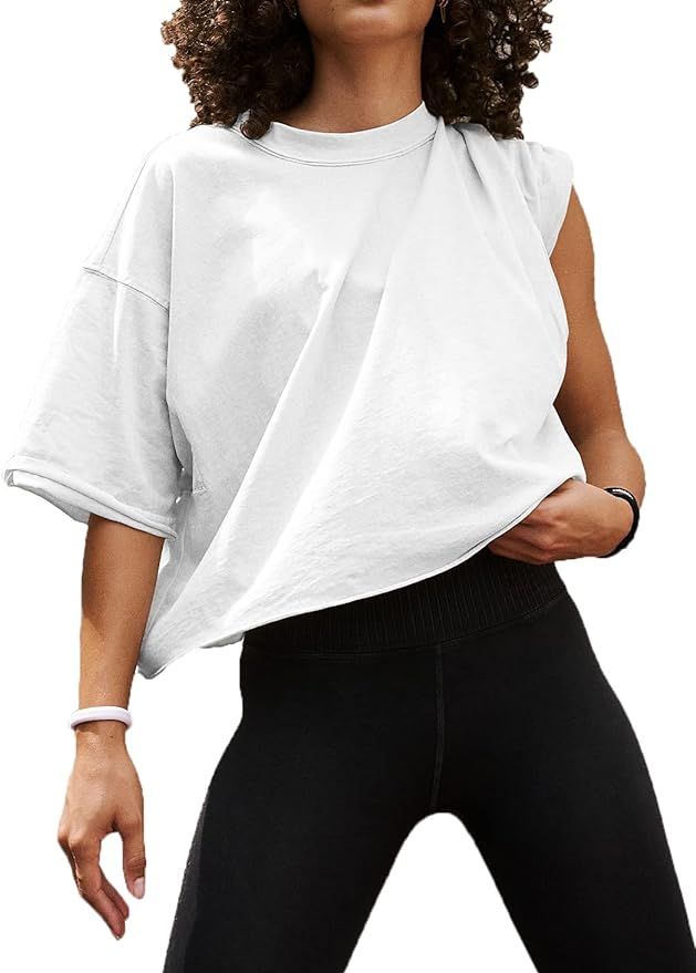 Women's Oversized Crop Tops Roll Hem Half Sleeve T-Shirts Drop Shoulder Casual Summer Tops | Amazon (US)