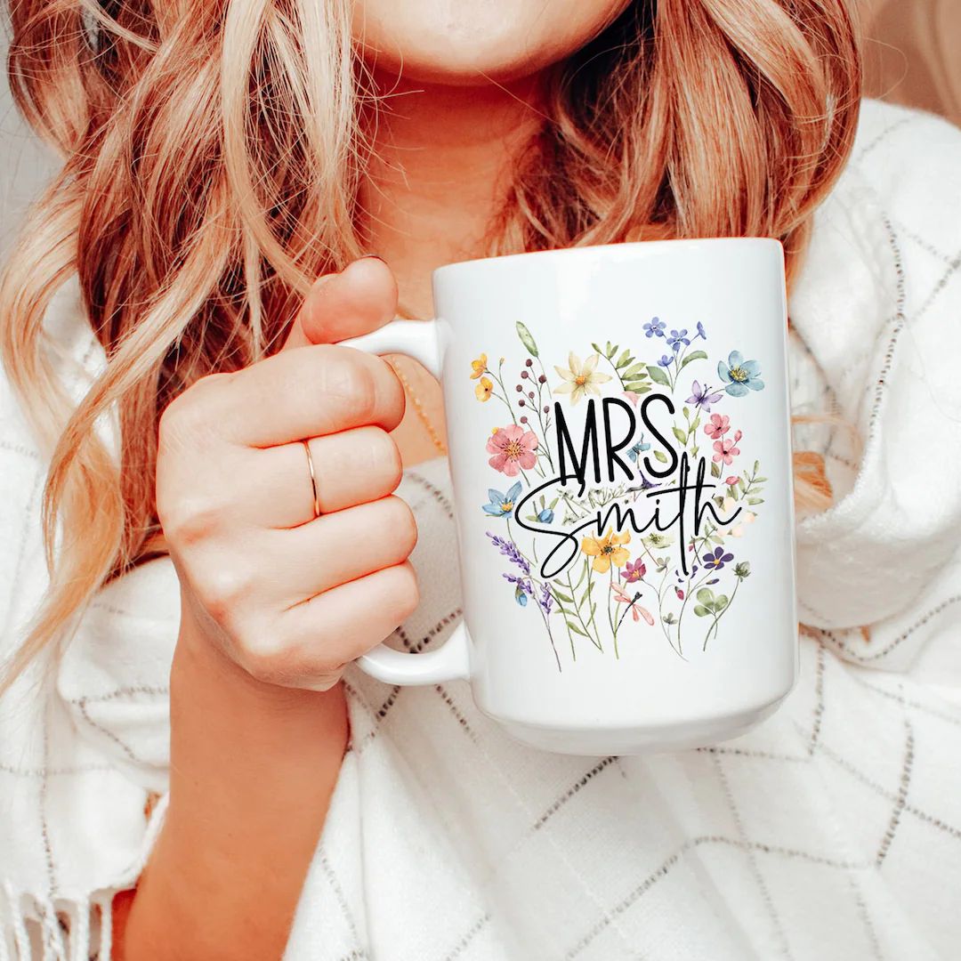 Wildflowers Mrs Mug, Personalized Mrs Gift, Bride to Be Gift Mug, Custom Gift for Bride Mug, Wedd... | Etsy (US)