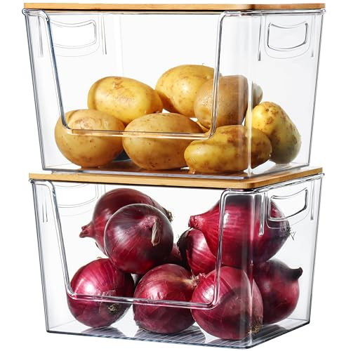 Pantry Organizers Storage, 2 Pack Large Capacity Clear Storage Bins with Bamboo Lids for Onion, Potato, Garlic, Canned Food, Under Sink Organizer Kitchen Countertop Organizer | Amazon (US)