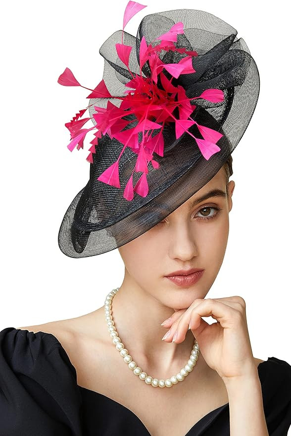 BABEYOND Fascinator Feather Hair Clip Tea Party Pillbox Derby Hat Bridal Wedding Veil A-Black | Amazon (US)