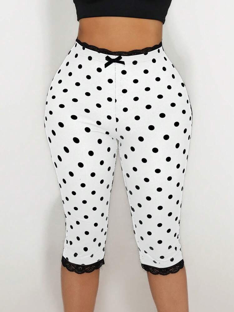 Sirith Women's Lace Trim Bow Polka Dot Print Bermuda Leggings | SHEIN
