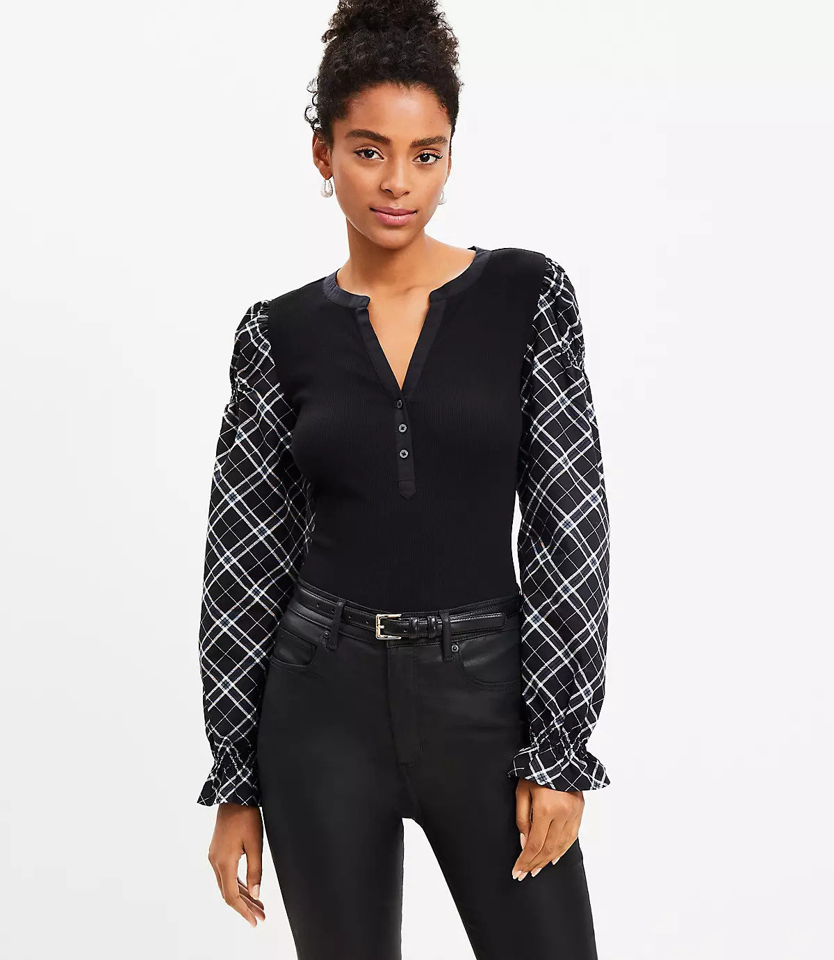 Plaid Henley Mixed Media Top | LOFT