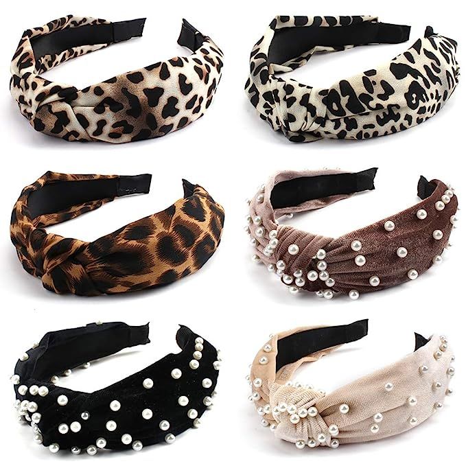 CUBACO Knot Headband 6 Pack Leopard Headbands and Pearl Wide Knotted Headband, Cheetah Print Head... | Amazon (US)