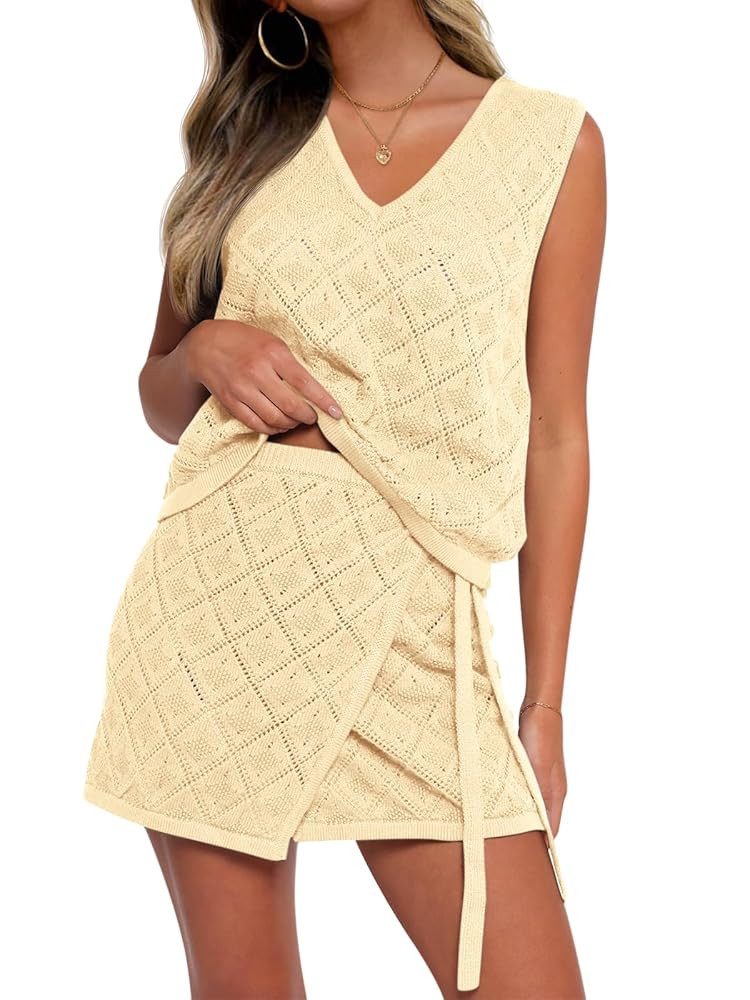 Fisoew Womens 2 Piece Crochet Swimsuit Cover Ups Sleeveless V Neck Tank Tops Wrap Skirt Sets Beac... | Amazon (US)