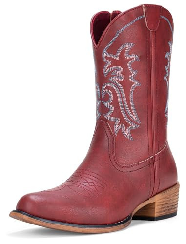 Jeossy Women's Red Cowboy Boots, Western Cowgirl Mid-Calf Pull on Round Toe Embroidered Country 9806 Boots with Zipper Size 7.5 (DJY9806 red 07.5) | Amazon (US)