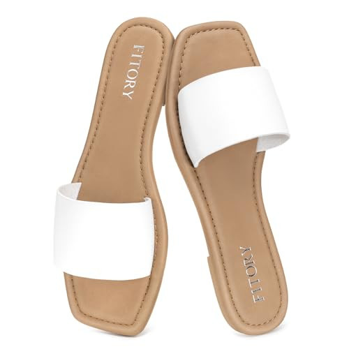 FITORY Women's Slide Sandals Fashion Square Open Toe with Cushioned Footbed Slippers for Beach White Size 7 | Amazon (US)