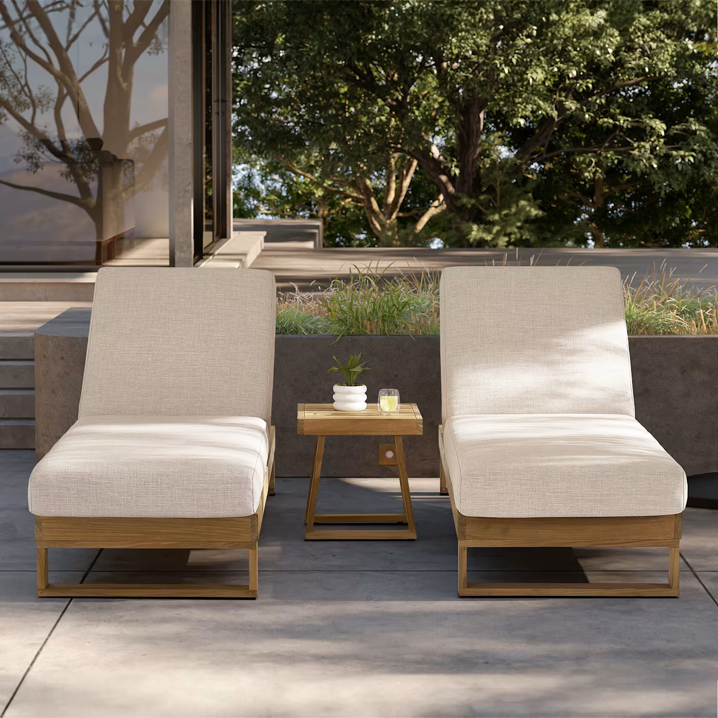 Rio Outdoor Teak 2 Chaise Lounges & Side Table SetSet Sale | Castlery US
