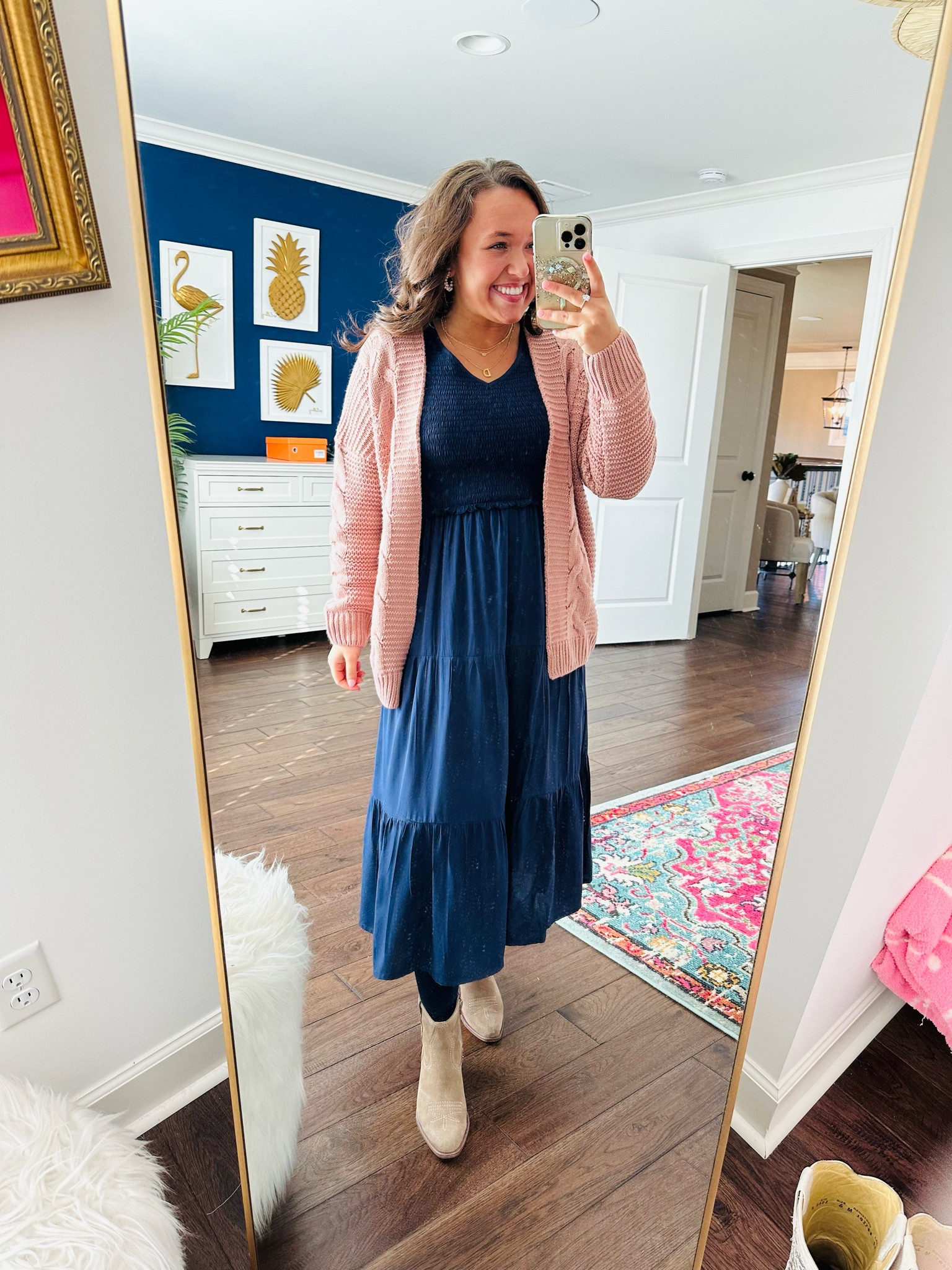 Lover of all things pink + navy! Shop my entire outfit now 🤍 

Navy dress. Pink cardigan. Work outfit. Church outfit. Date night outfit. Booties. Dolce vita boots. Amazon outfit. Amazon dress. Chunky cardigans. Outfit ideas. Midi dress. Spring transitional outfits.

#LTKfindsunder100 #LTKworkwear #LTKshoecrush