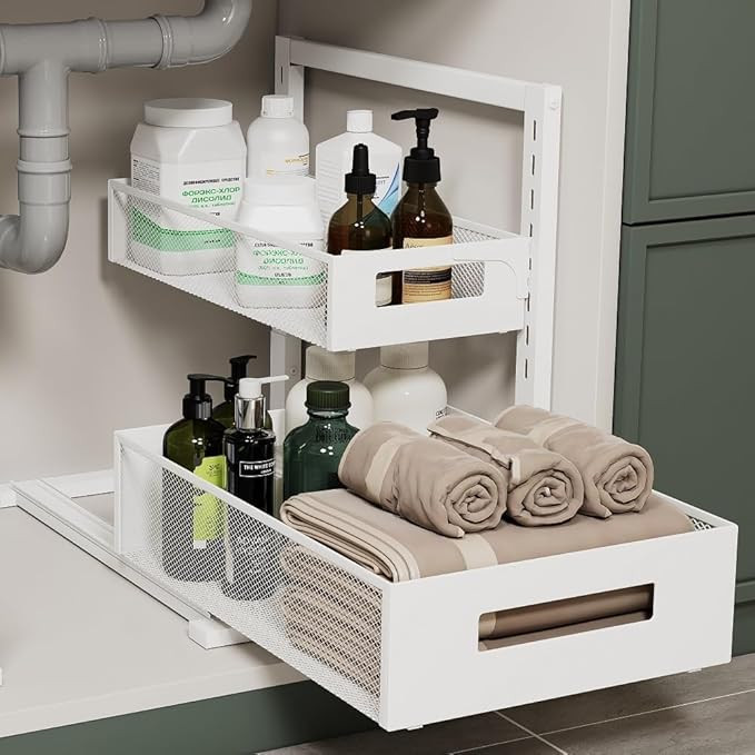 Under Sink Organizer Adjustable Height 2 Tier Bathroom Organizer Pull Out Cabinet Organer kitchen... | Amazon (US)