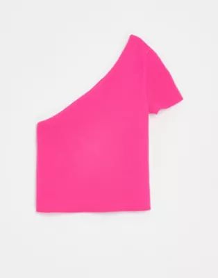 Bershka ribbed asymmetric t-shirt in pink | ASOS (Global)