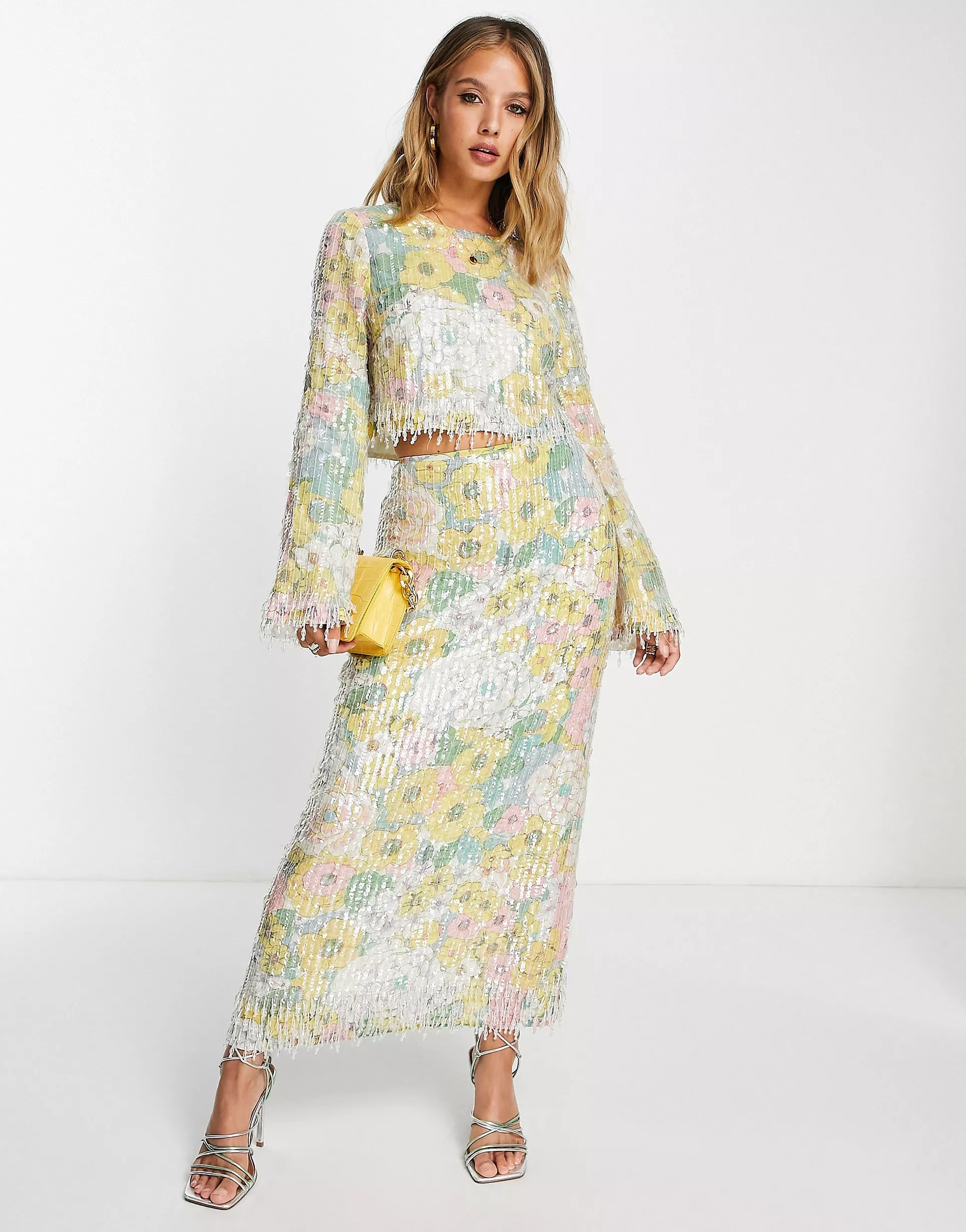 ASOS EDITION pastel floral print and sequin midi skirt with fringe | ASOS (Global)
