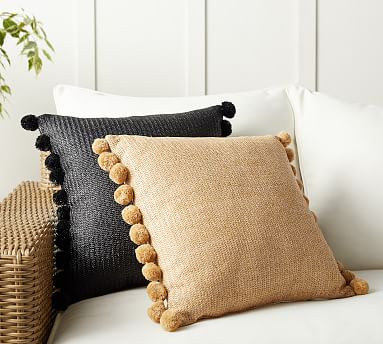 Faux Natural Fiber Pom Pom Indoor/Outdoor Pillow | Pottery Barn (US)