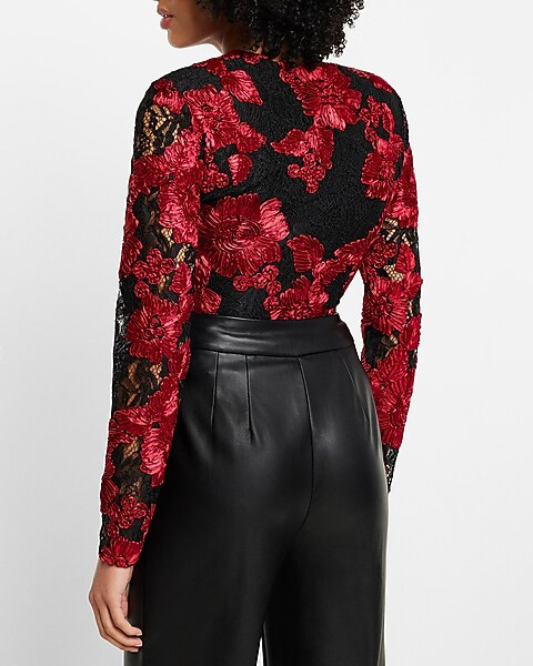 Lace Embroidered V-neck Long Sleeve Thong Bodysuit | Express