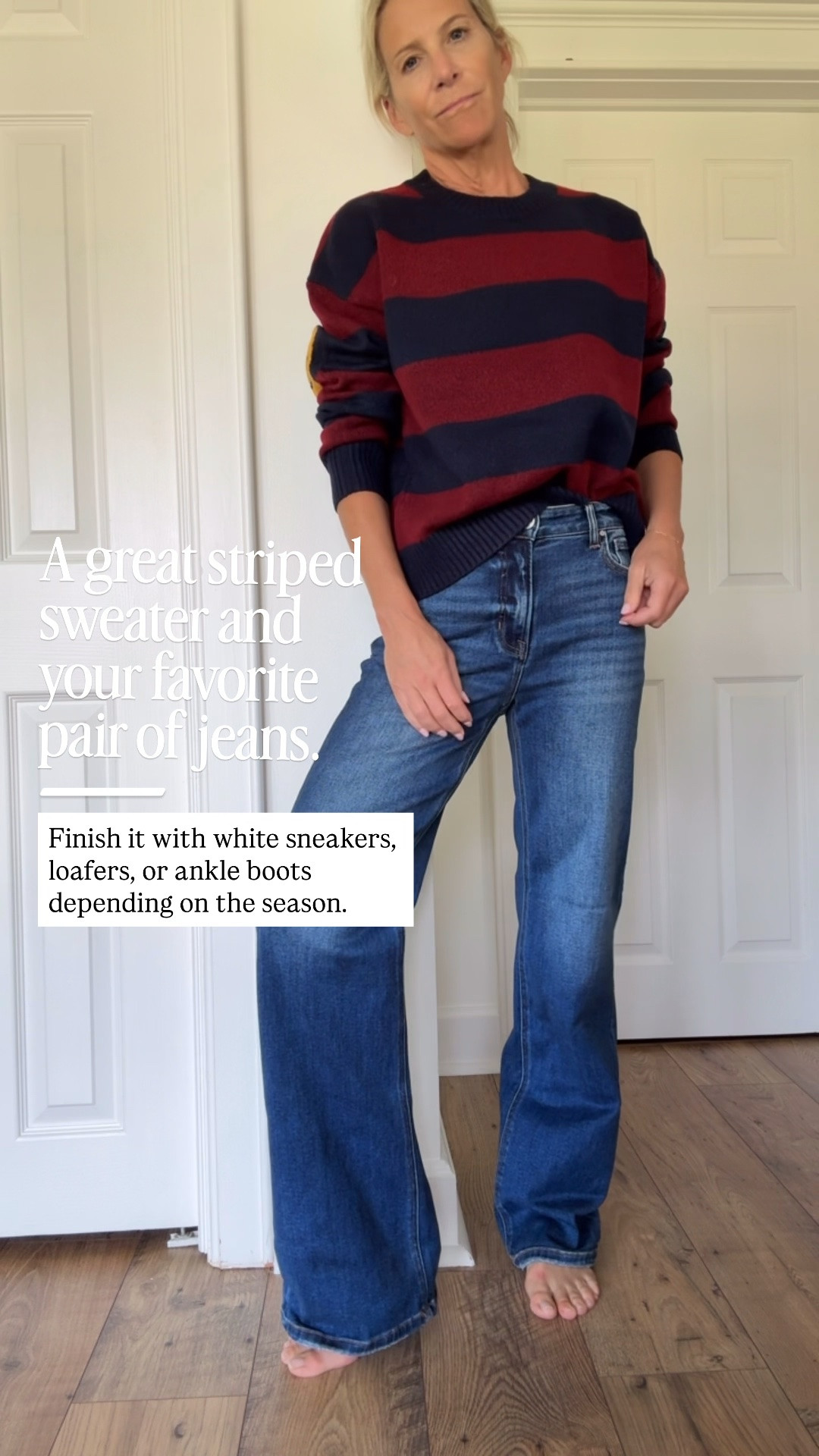 This classic rugby-inspired knit adds just the right amount of color while keeping your outfit timeless. Paired with relaxed straight-leg or wide-leg jeans, it’s the perfect look for coffee runs, weekend errands, casual lunches, or cozy travel days.

👩‍💻 LTK PRO TIPS
❤️ Heart = Support my posts ;-)
🔖 Save = Keep these outfit ideas handy when you’re deciding what to wear.
📋 Lists = Organize your favorite dresses and styling pieces.
📲 Share = Send this to a friend who loves versatile wardrobe staples.

#LTKootd #LTKOver40 #LTKSeasonal