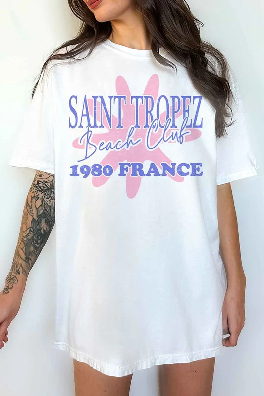 SAINT TROPEZ BEACH CLUB OVERSIZED GRAPHIC TEE | Casual Chic Boutique