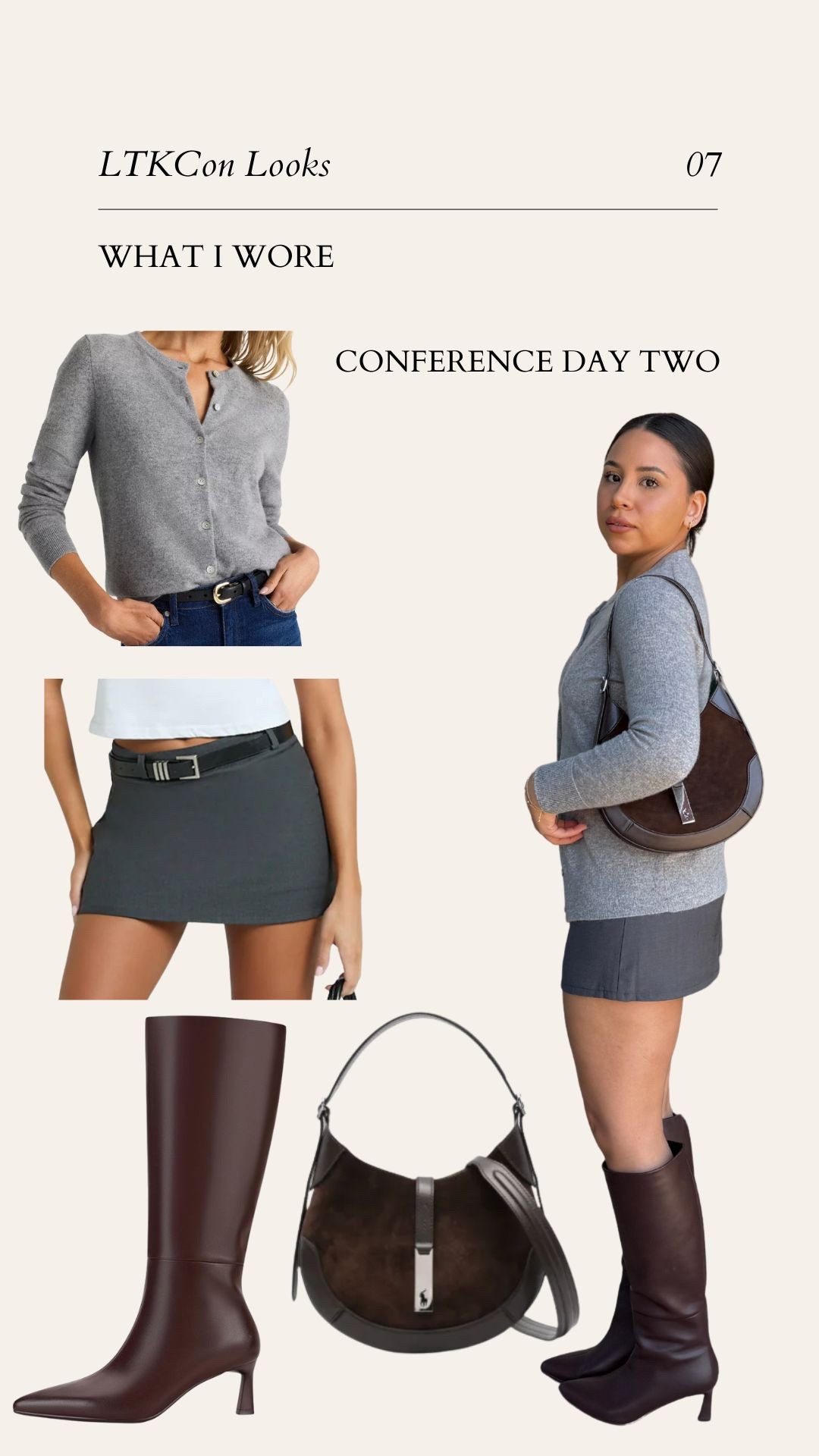 What I wore at ltk con 
Grey cardigan: xs 
Grey skort: medium 
Brown boots: 6.5 
Brown suede bag 

#LTKPetite #LTKShoeCrush #LTKFindsUnder100