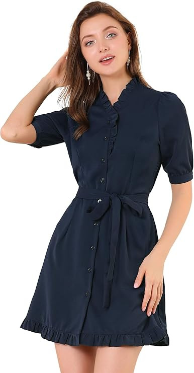Allegra K Women's Button Down Ruffle Neck Tie Waist Belted Shirt Dress | Amazon (US)