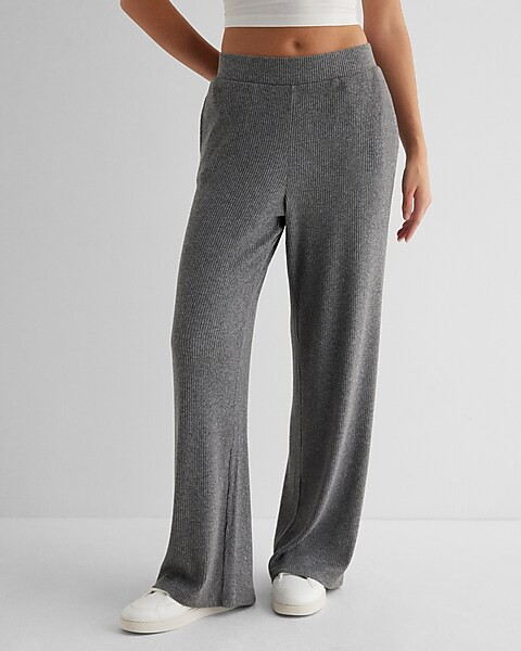 High Waisted Ribbed Cozy Knit Pull On Wide Leg Pant | Express