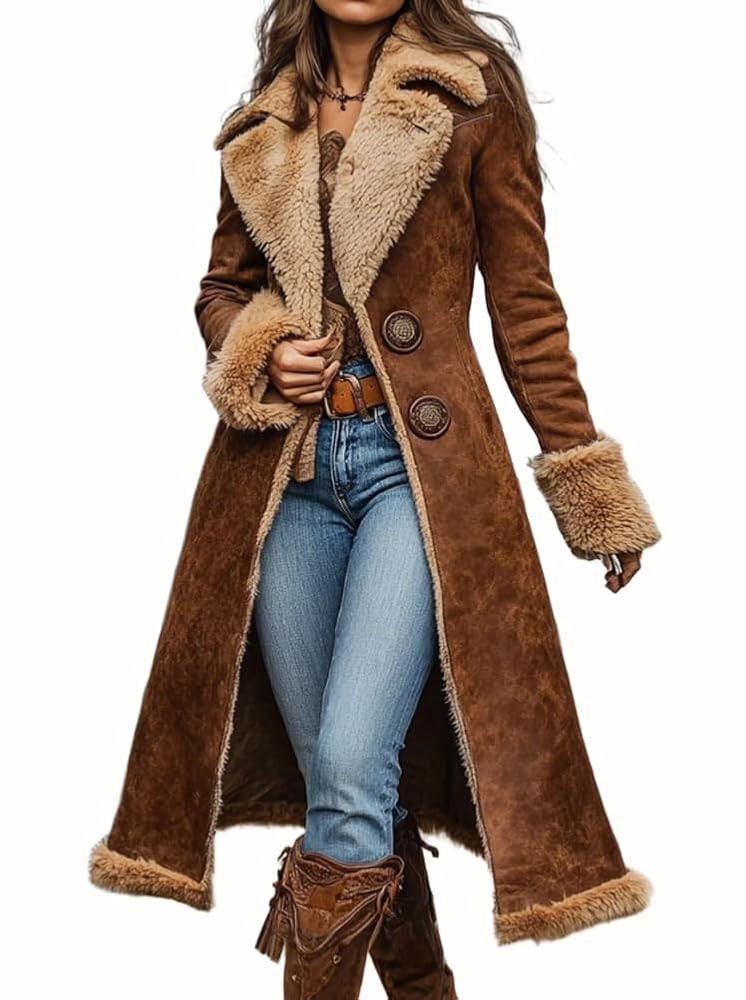 chouyatou Women's Faux Suede Sherpa Lined Midi Long Jacket Fleece Notch Lapel Winter Trench Coat | Amazon (US)