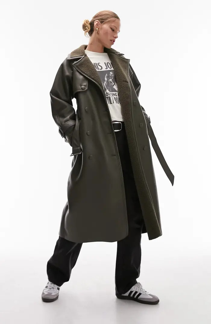 Topshop Faux Leather Trench Coat with Fleece Trim | Nordstrom | Nordstrom