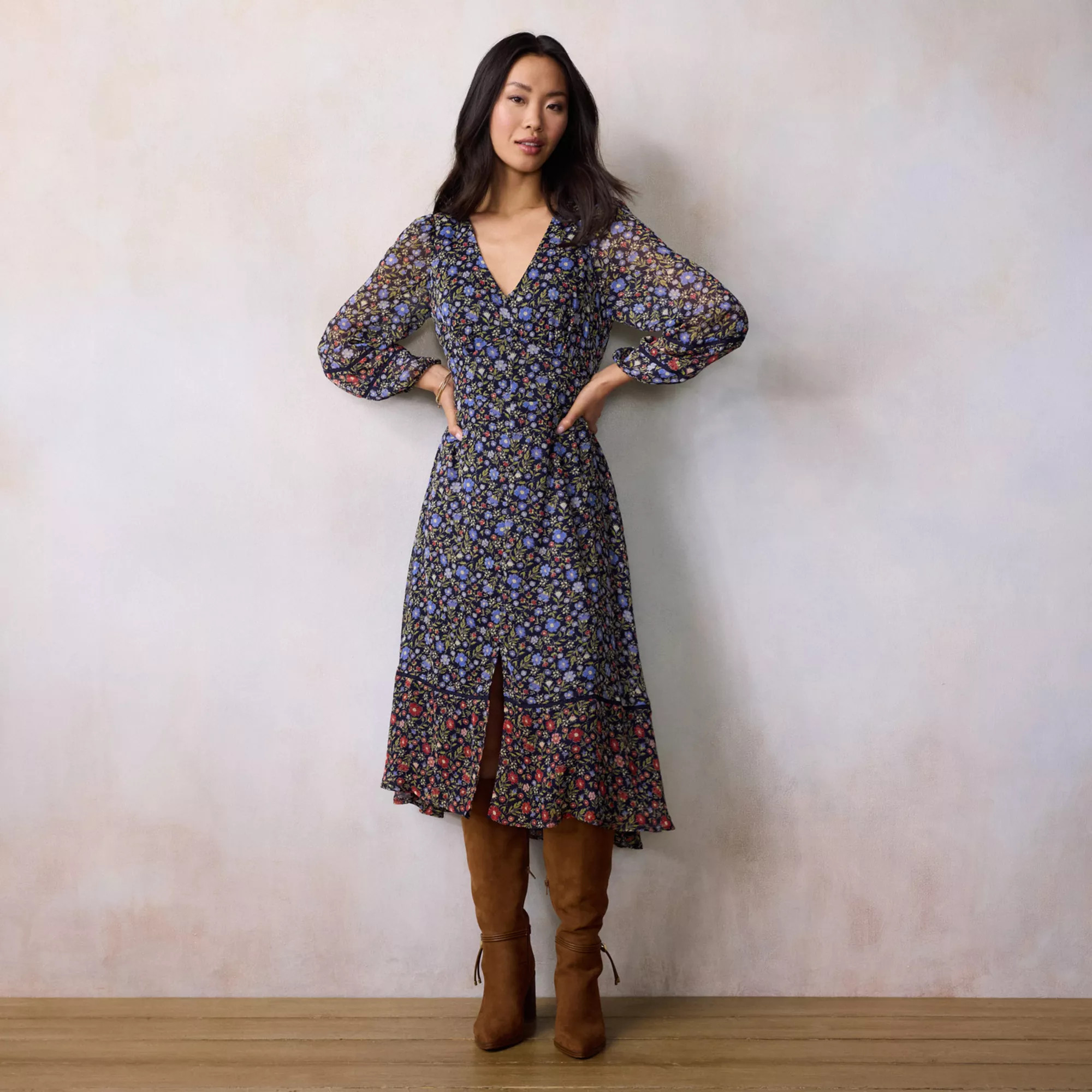 Women's LC Lauren Conrad Lace Trim Button Front Midi Dress, Size: XS, Blue Josefina Fleurs | Kohl's