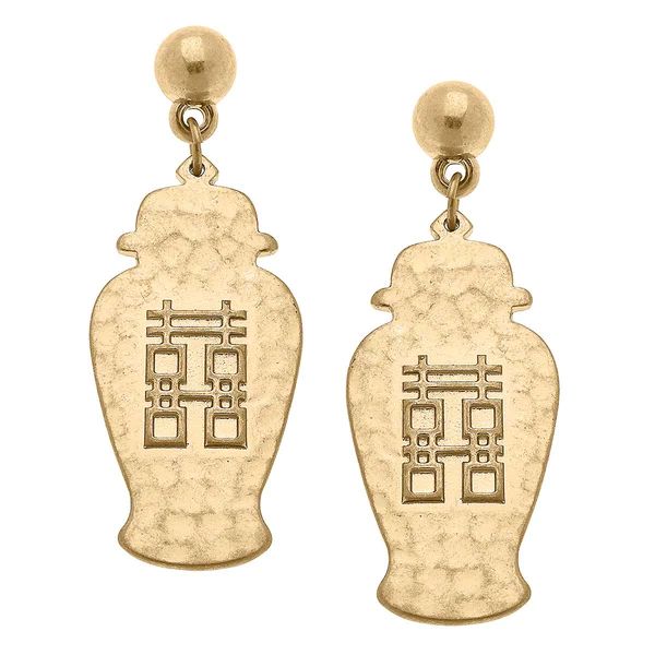 Lila Temple Jar Double Happiness Statement Earrings in Worn Gold | CANVAS