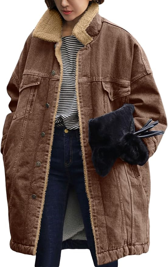 loveimgs Women Long Sherpa Fleece Lined Jeans Jacket Denim Trench Coat Thicken Button Down Patchw... | Amazon (US)