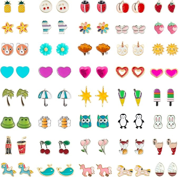 NEWITIN 20 Pairs/40 Pairs/60 Pairs Colorful Cute Stud Earrings for Girls Hypoallergenic Earrings ... | Amazon (US)
