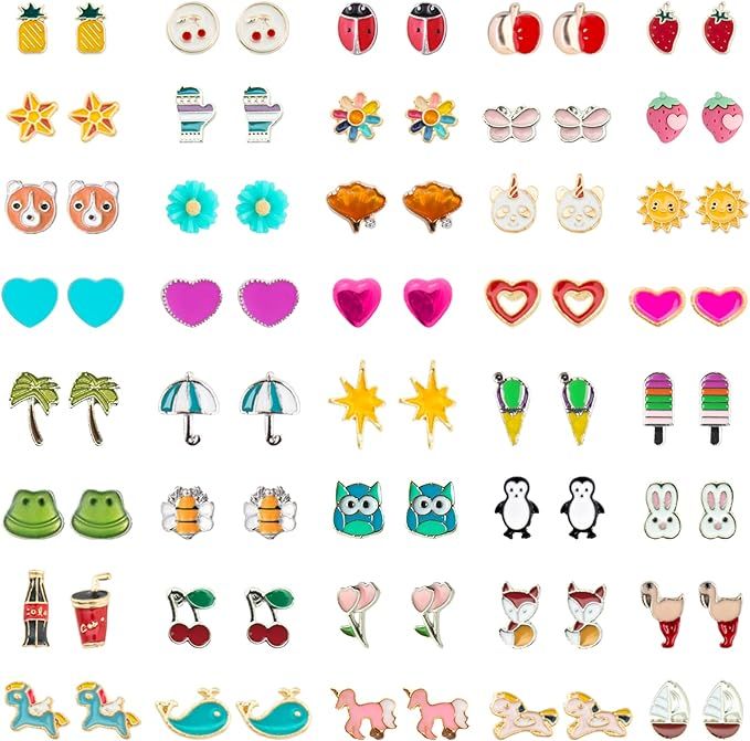 NEWITIN 20 Pairs/40 Pairs/60 Pairs Colorful Cute Stud Earrings for Girls Hypoallergenic Earrings ... | Amazon (US)