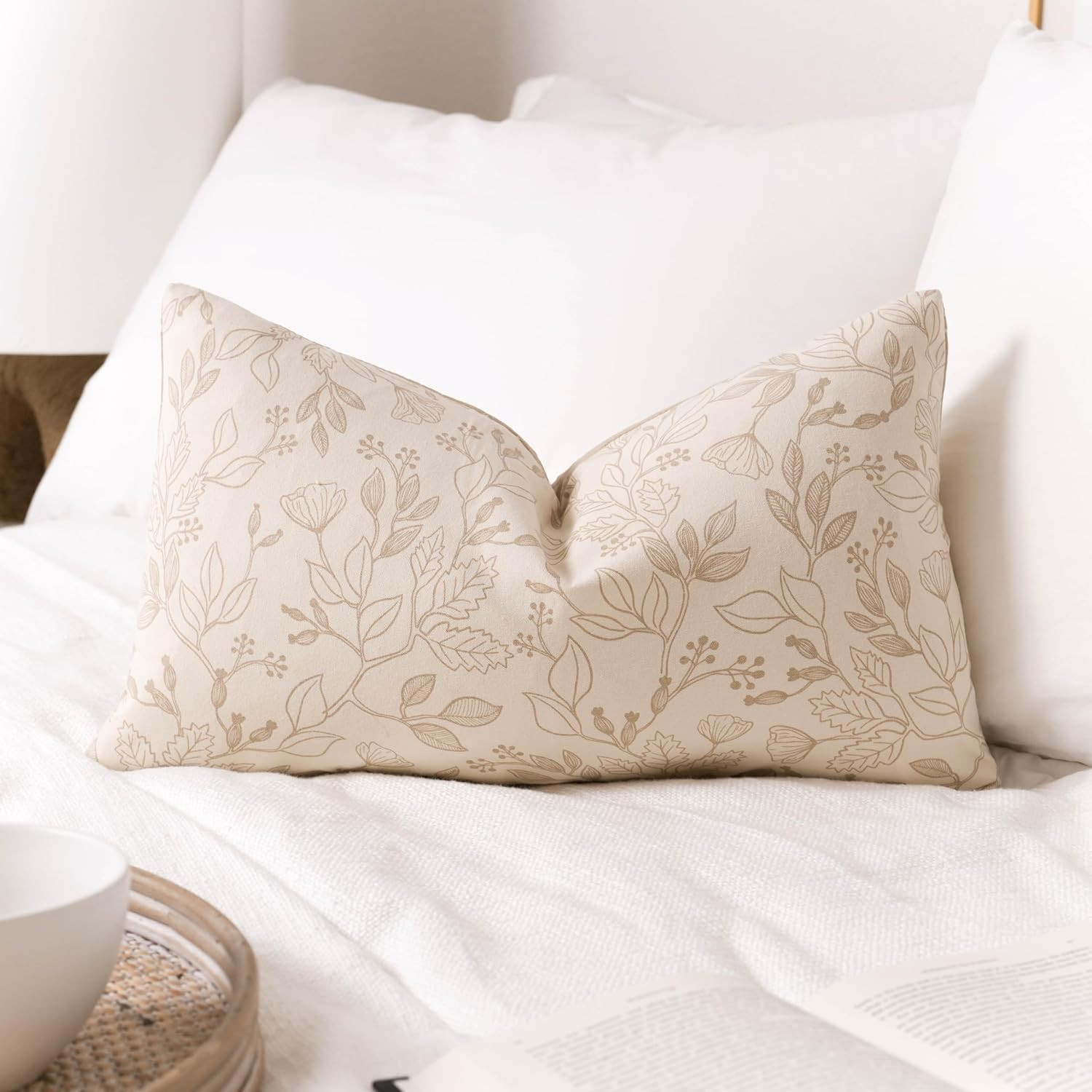 Farmhouse Decorative Lumbar Throw Pillow Cover 12X20, Floral Neutral Beige Cotton Accent Lumbar T... | Amazon (US)