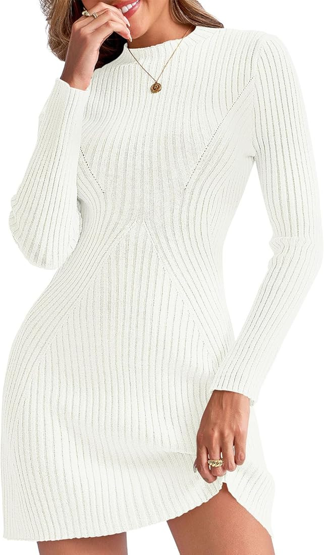 Saodimallsu Womens Long Sleeve Sweater Dress Bodycon Crew Neck 2024 Fall Slimming Knit Mini Dress... | Amazon (US)