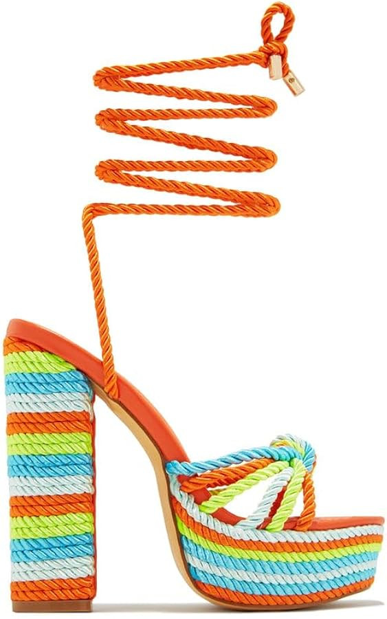 Liliana Women's Round Toe Rope Lace Up Platform Block High Heels | Amazon (US)