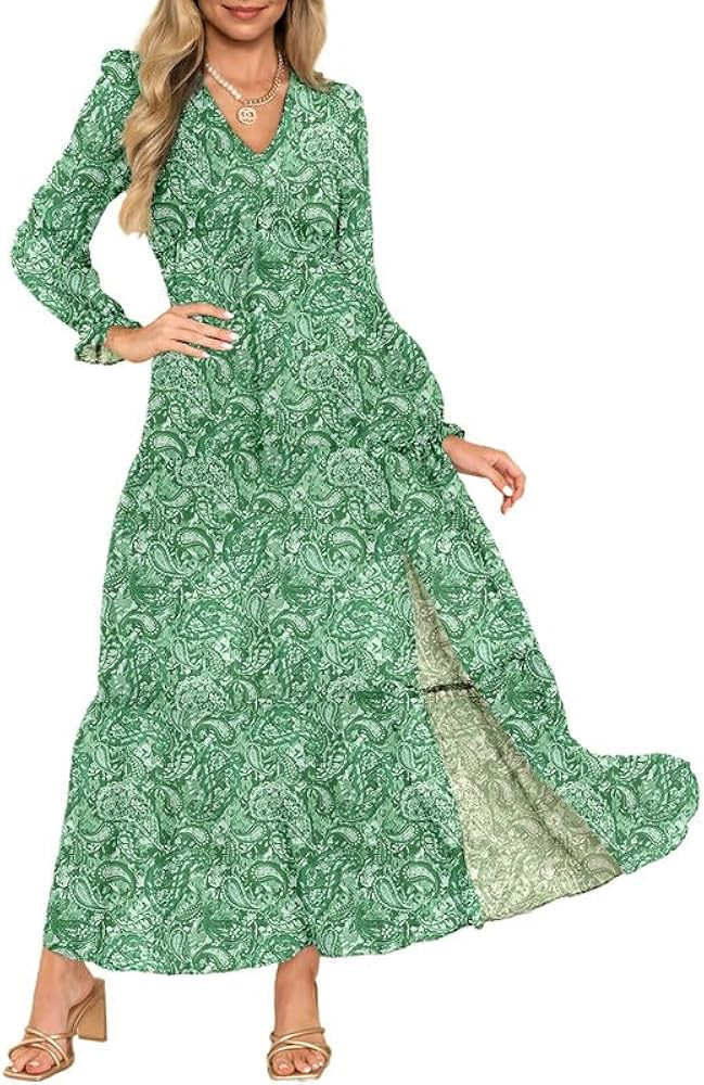 Dokotoo Women's Boho Maxi Dress Sexy V Neck Puff Long Sleeve Ruffle A-Line Split Swing Chiffon Dr... | Amazon (US)