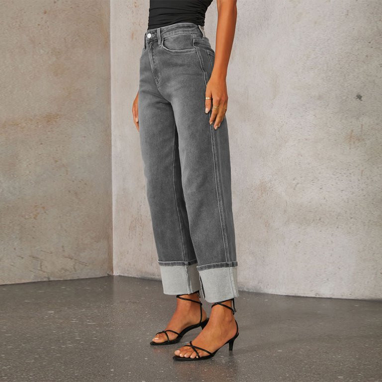 LYMAYTER Women Fashion Jeans High Waist Baggy Cuffed Jeans for S-2XL Vintage Straight Wide Leg Cr... | Walmart (US)