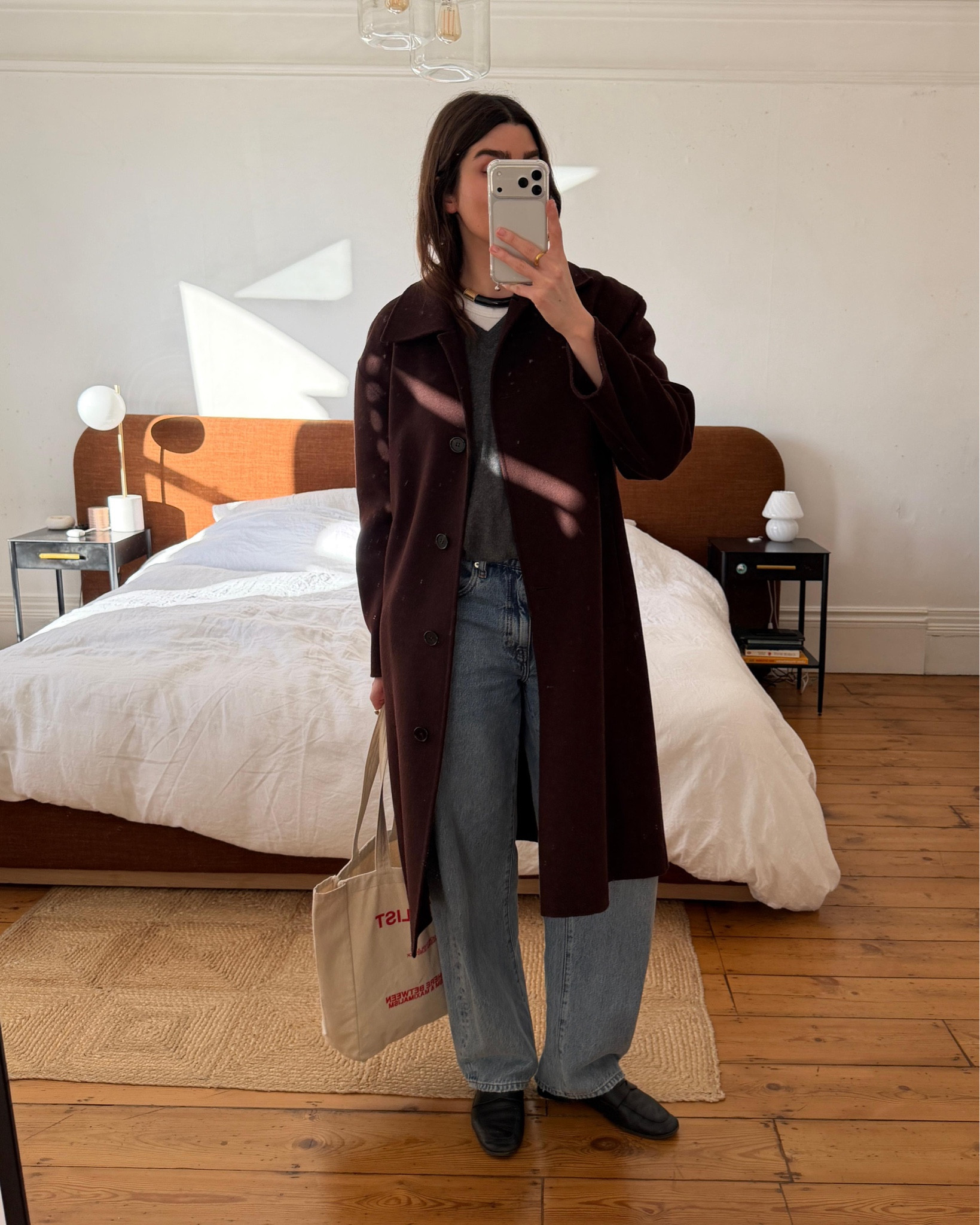 Massimo Dutti brown coat, grey v neck knit and white t-shirt, Frame barrel jeans and Le Monde Beryl loafers

#LTKstyletip #LTKspring