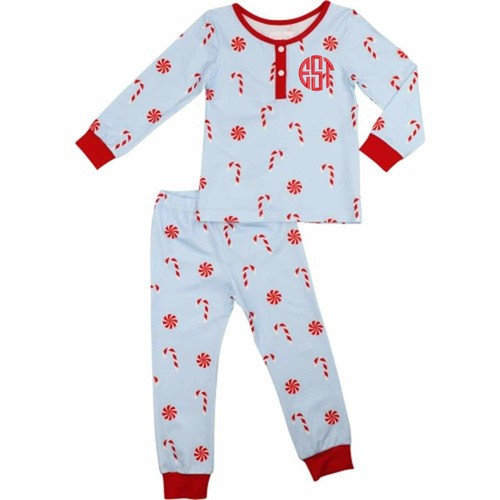 Blue Knit Candy Cane Print Pajamas - Shipping Late November | Cecil and Lou