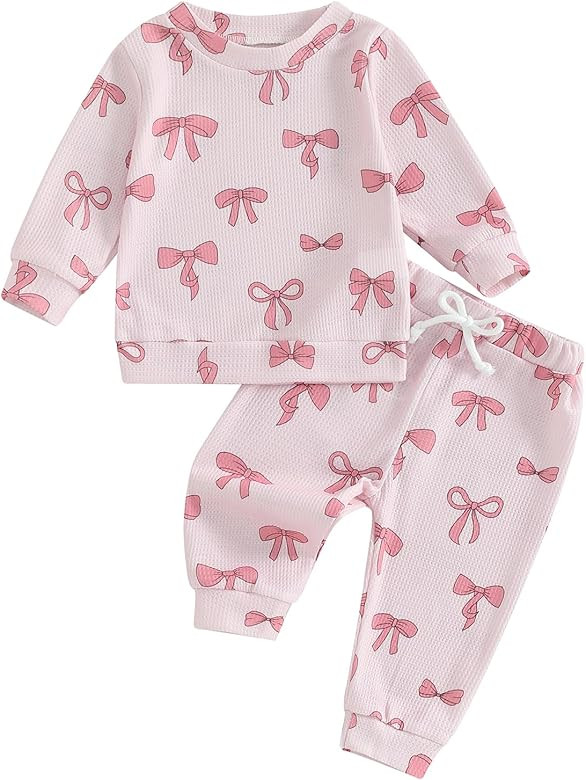 NZNDSHD Fall Baby Girl Clothes Ruffle Long Sleeve Bow Print Sweatshirt Top Pants Set 2Pcs Waffle ... | Amazon (US)