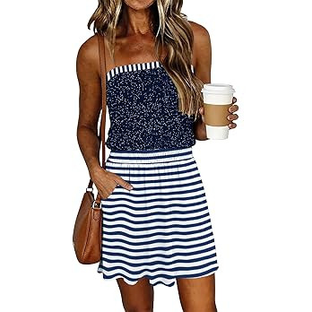 SAUKOLE Summer Dresses for Women Bandeau Strapless Smocked Elastic Waist Sundress Tube Mini Dress... | Amazon (US)