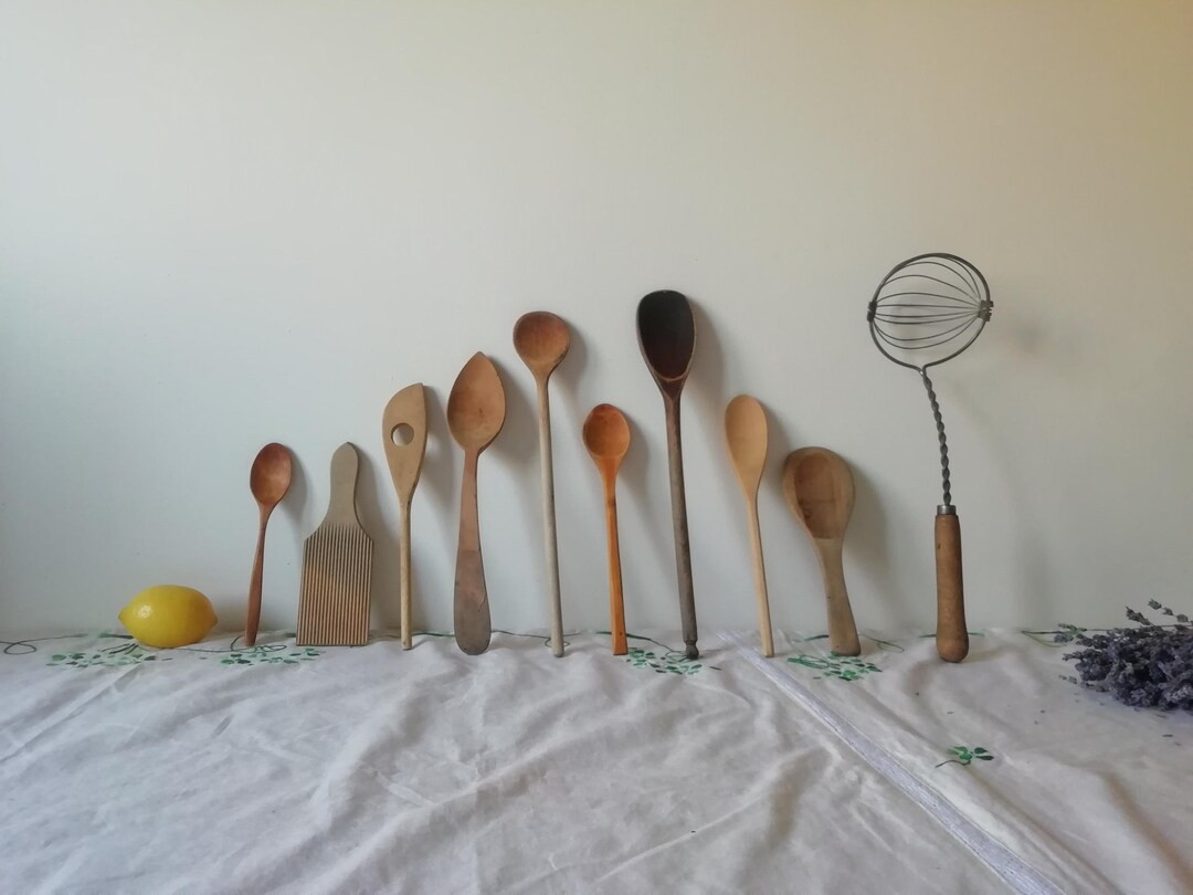 Set of 10 Vintage Wooden Mixing Spoons Spatulas, Old Wood Kitchen Utensils, Rustic Food Photo Pro... | Etsy (US)
