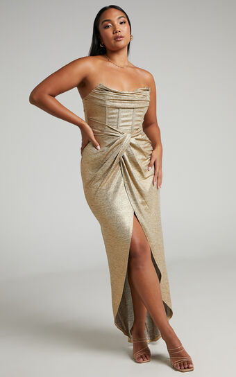Adrie Midaxi Dress - Strapless Corset Bodice Dress in Gold | Showpo (US, UK & Europe)