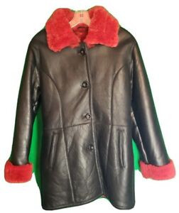 GENUINE LAMB LEATHER COAT Womans Black Red Trim Lining Shearling XS-S Super Warm | eBay US
