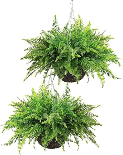 QIANYUN Outdoor Fake Hanging Fern – Artificial Hanging Ferns 2 Pack, Large Faux Boston Fern Bushes, UV Resistant Outdoor Hanging Plants for Front Porch, Patio & Indoor Decor | Amazon (US)