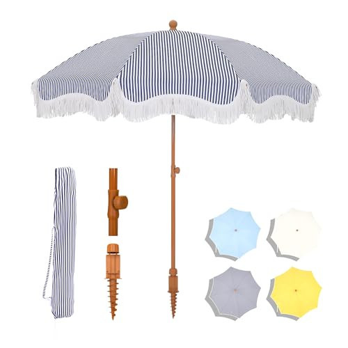 MFSTUDIO 7ft Beach Umbrella with Fringe, Tassel Umbrellas UPF50+ with Tilt Button & Crank, Holiday Outdoor Umbrella with Carry Bag, Ideal for Garden Lawn Poolside, Navy Blue Stripe | Amazon (US)